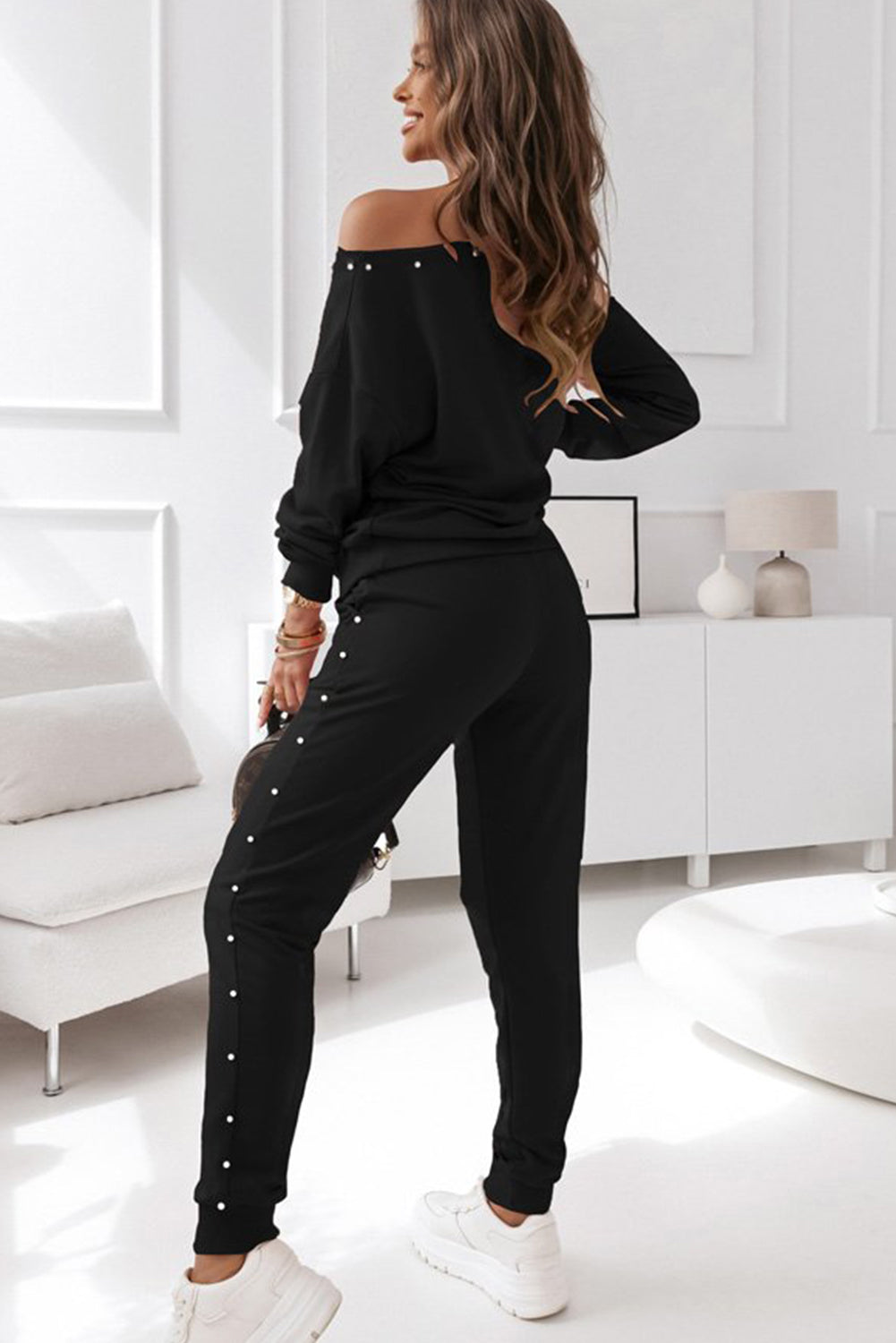 Beaded Decor Pullover And Jogger Pants Set | Black