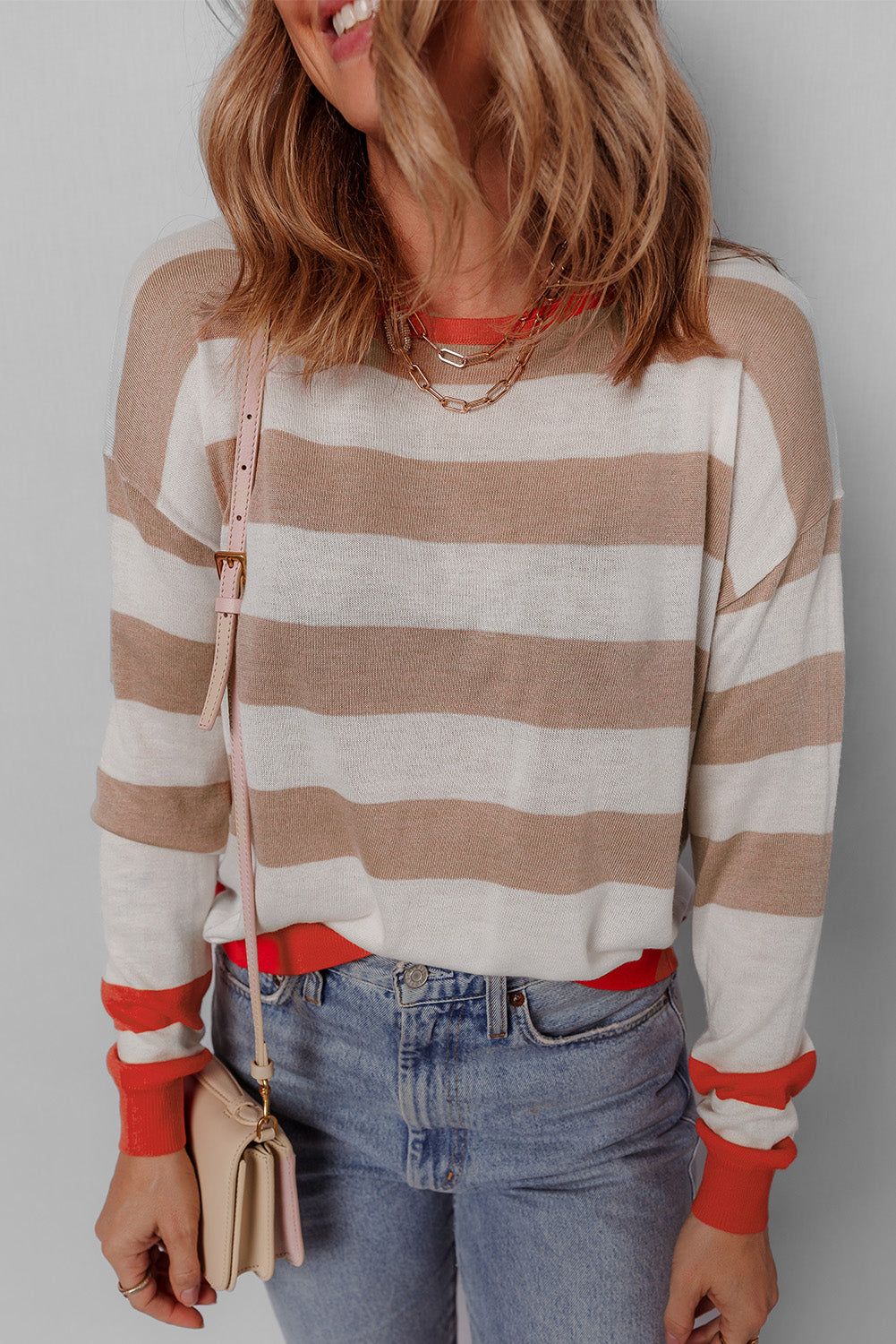 Colourblock Striped Round Neck Drop Shoulder Sweater | Apricot