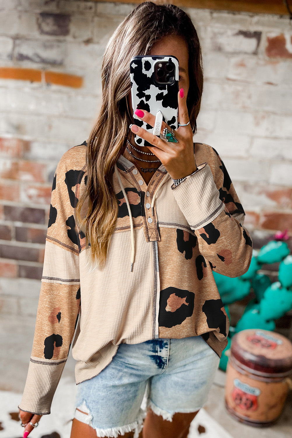 Exposed Seam Ribbed Patchwork Long Sleeve Top | Leopard Print