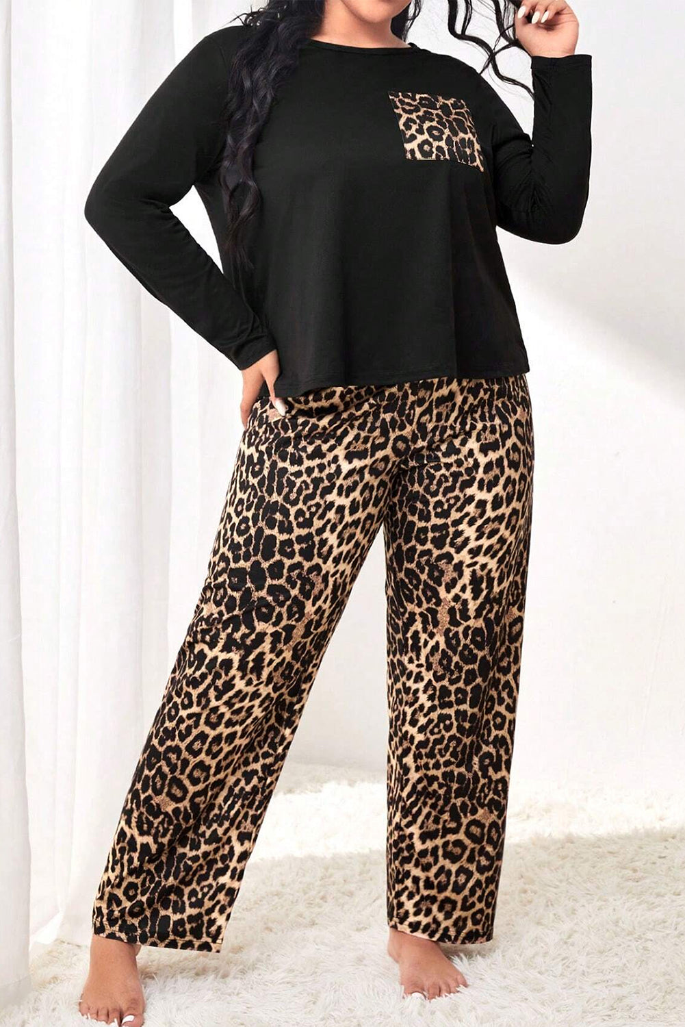 Leopard Patched Pocket Long Sleeve Top Plus Size Pants Set | Black