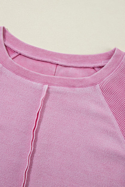 Waffle Knit Patchwork Exposed Seam Raglan Sweatshirt | Pink