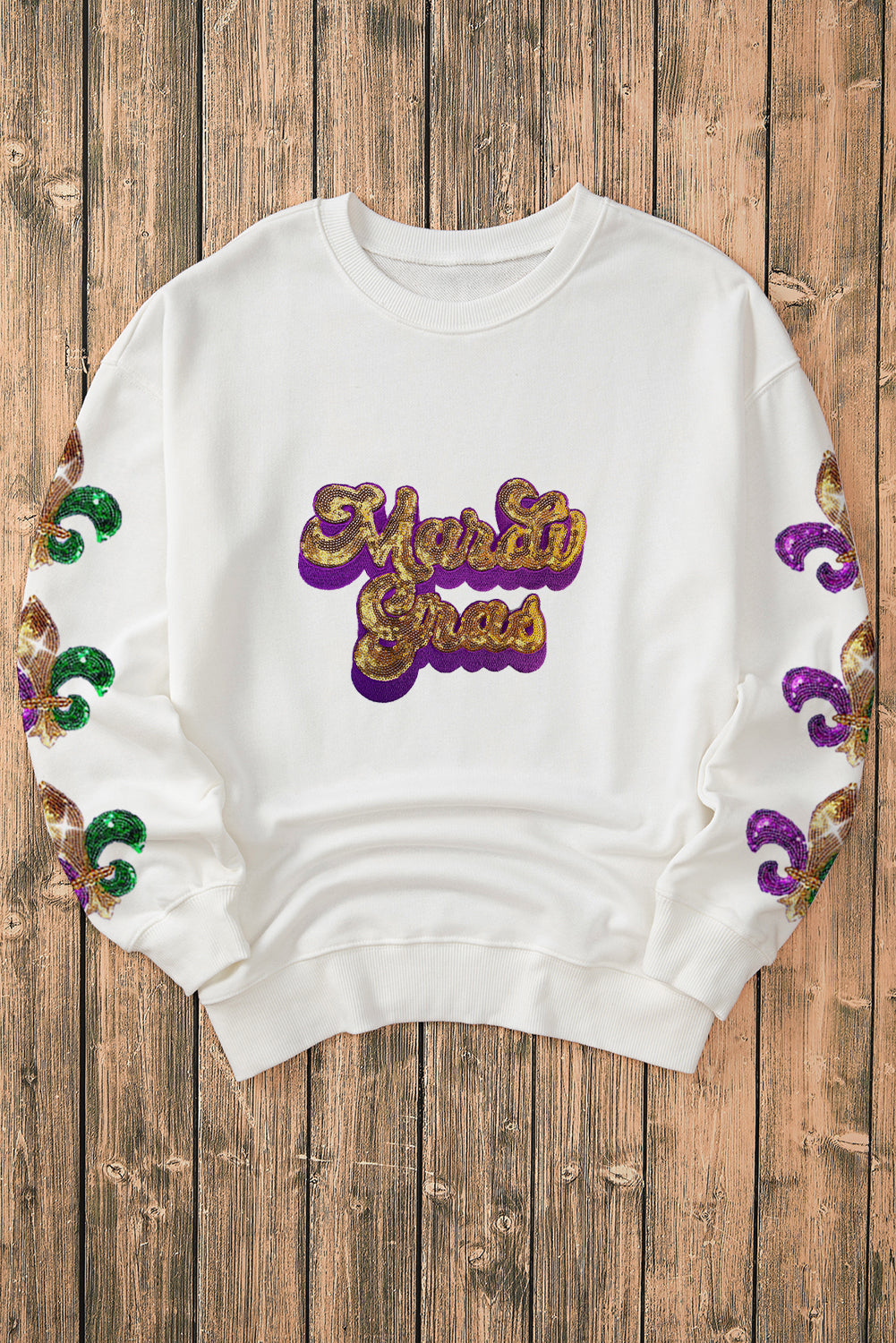 Sequin Mardi Gras Patched Pattern Fleur De Lis Sleeve Sweatshirt | Beige