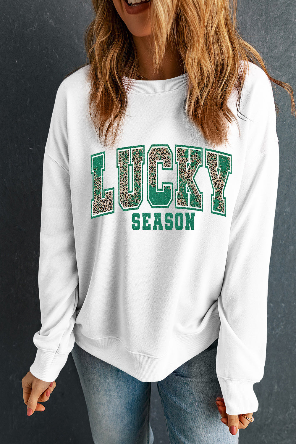 Leopard Lucky Season Printed St Patricks Pullover Sweatshirt | White