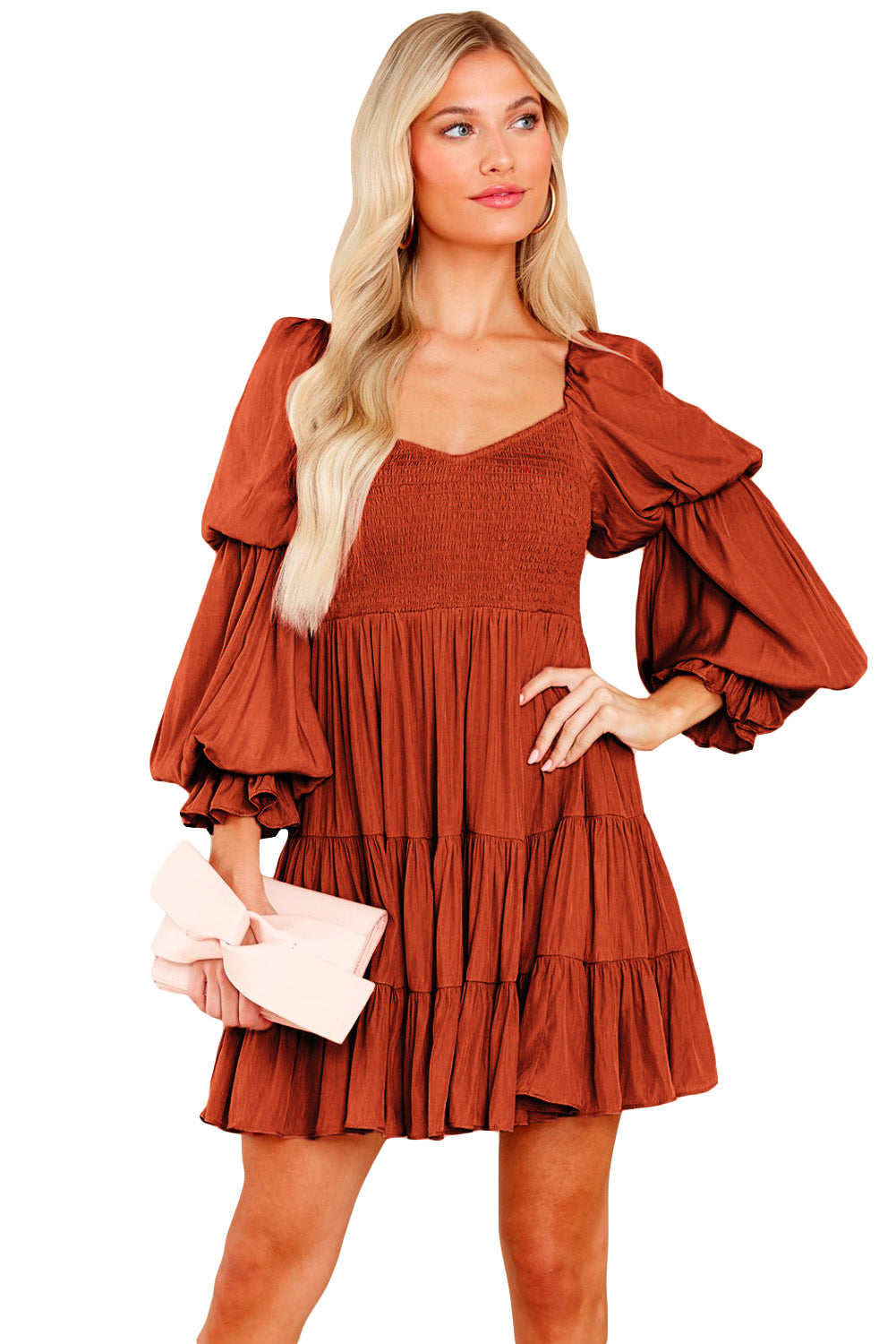 Boho Solid Shirred Ruffle Mini Dress | Brown