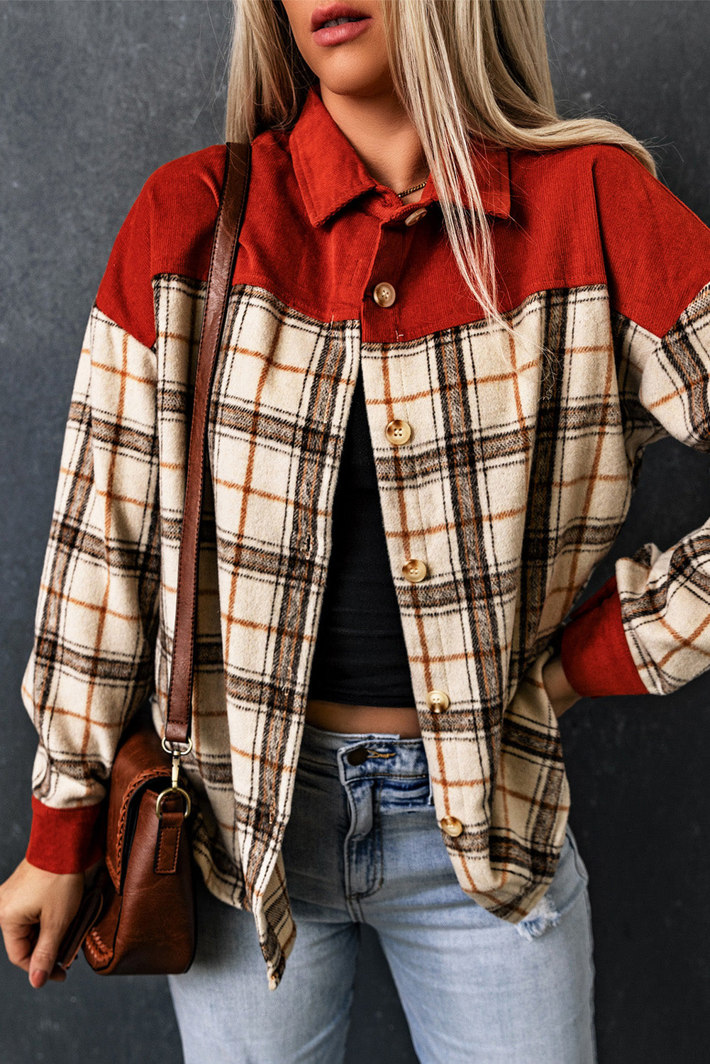 Contrast Corduroy Plaid Shacket | Orange