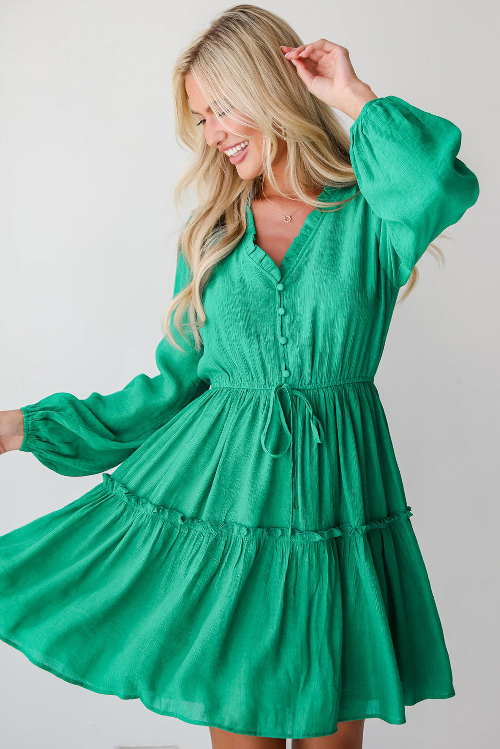 Frilly V Neck Puff Sleeve Drawstring Shift Mini Dress | Sea Green