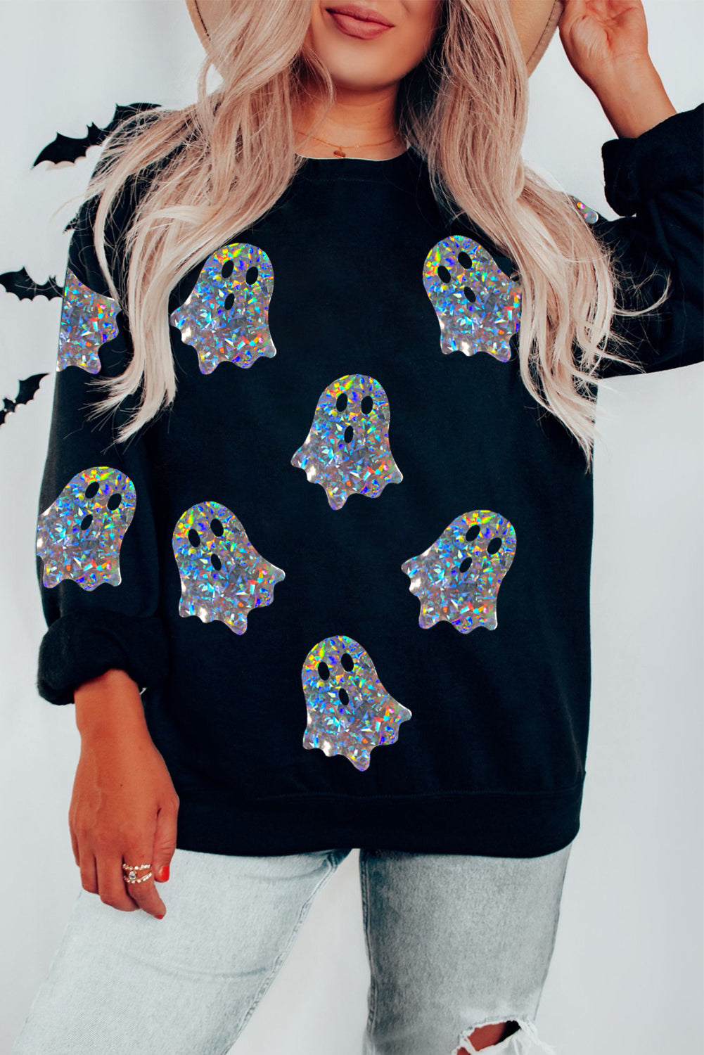 Black Glitter Ghosts Pattern Long Sleeve Halloween Sweatshirt