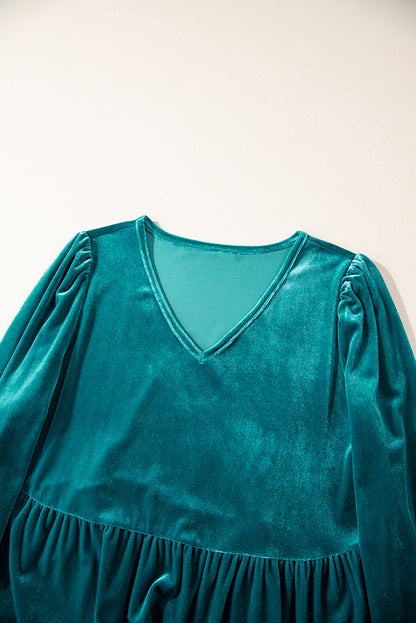 Velvet V Neck Peplum Hem Puff Sleeve Blouse | Sea Green