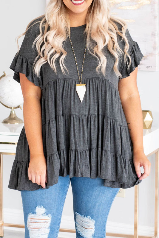 Gray Tiered Ruffled Short Sleeve Plus Size Blouse