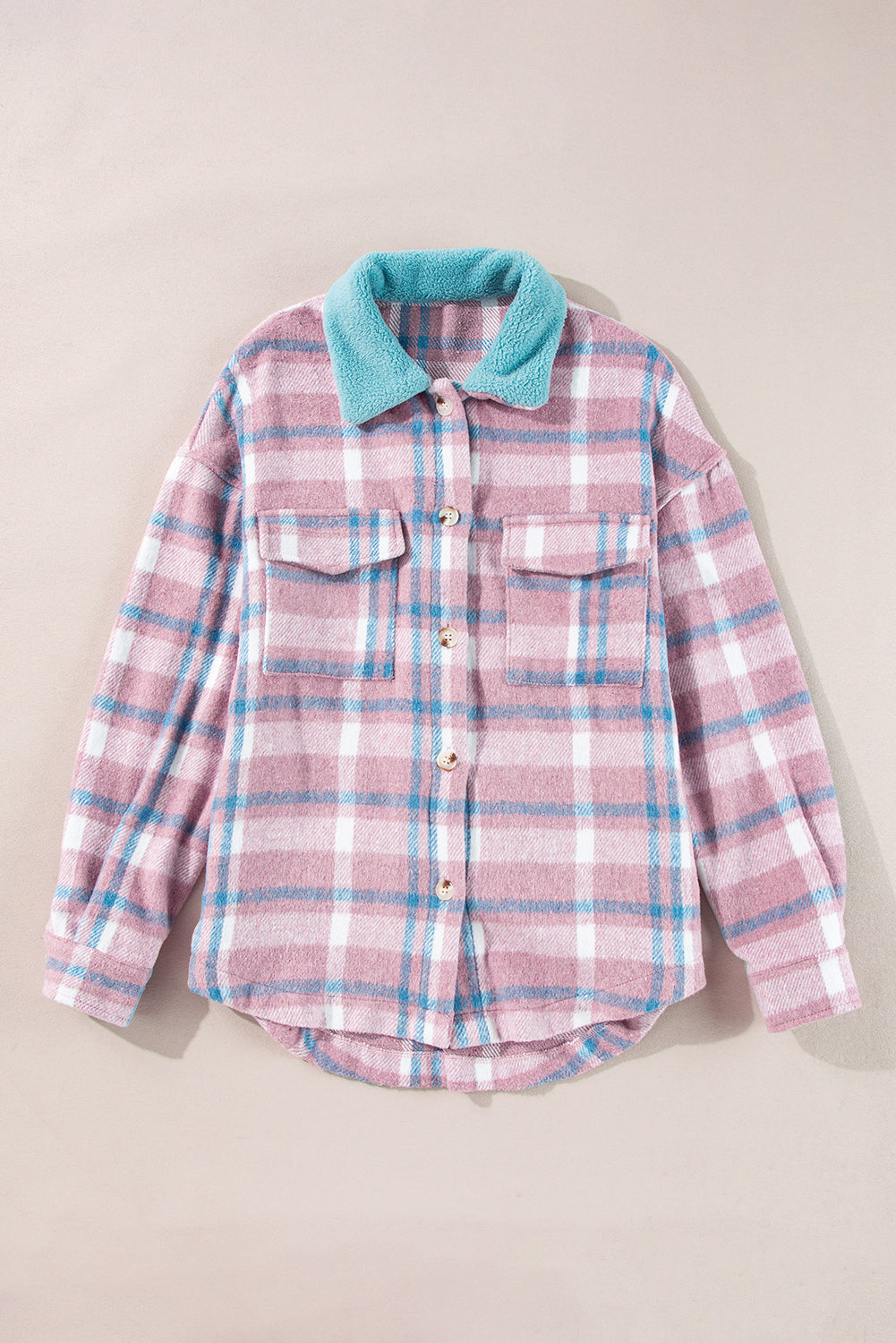 Plaid Print Colour Block Collared Flap Pockets Loose Shacket | Pink