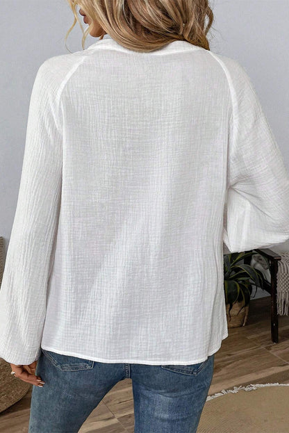 Paisley Embroidered Textured Split Neck Long Puff Sleeve Blouse | White