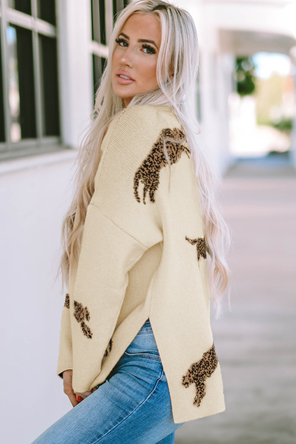 Lively Cheetah Print High Neck Split Hem Sweater | Parchment