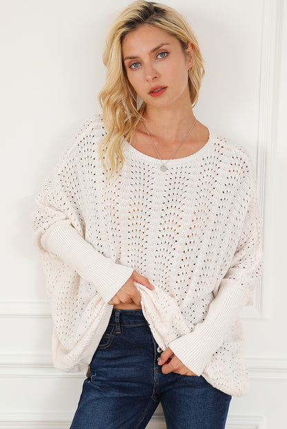 Ribbed Hollow Knit Dolman Sleeve Sweater | Beige