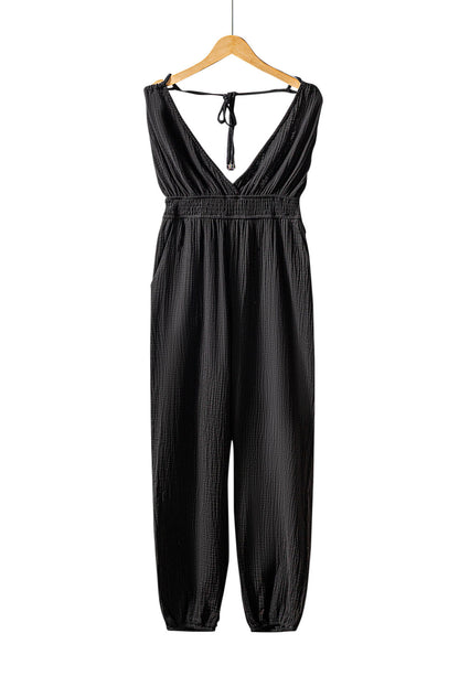 V Neck Knotted Shoulder Backless Pocket Jumpsuit | Black