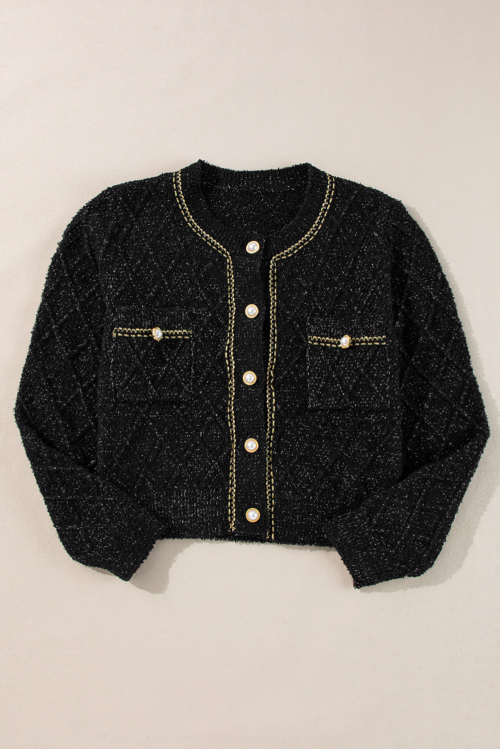 Shimmer Flap Pocket Button Up Cardigan | Black