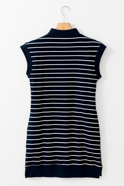 Quarter Zip Collared Cap Sleeve Mini Dress | Navy Blue