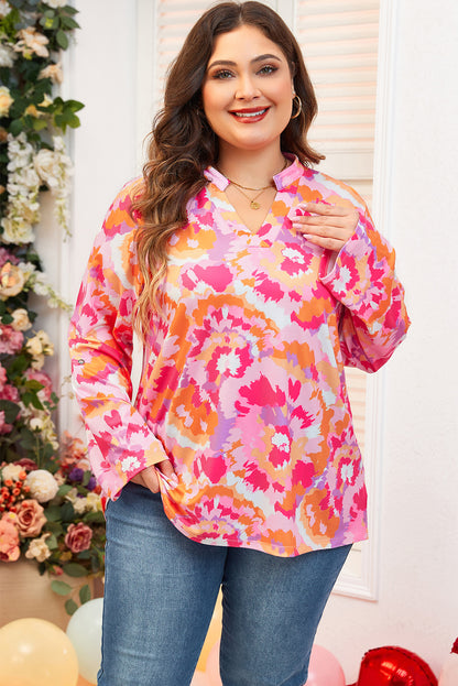 Plus Size Abstract Floral Print V Neck Blouse | Pink