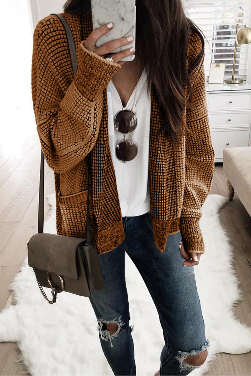 Chunky Waffle Knit Oversized Collar Cardigan | Brown