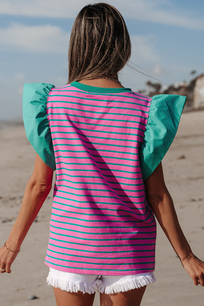 Colourblock Ruffled Sleeve Crew Neck Blouse | Pink Stripe