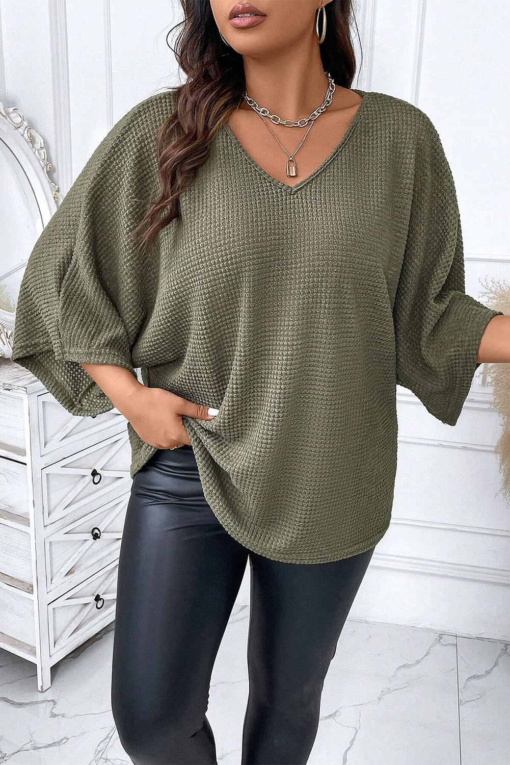 Plus Size V Neck Textured Knit Dolman Top | Jungle Green