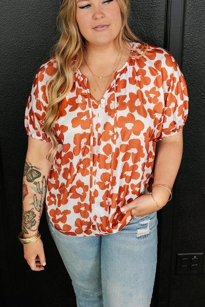 Plus Size Floral Print Drawstring V Neck Short Sleeve Blouse | Orange