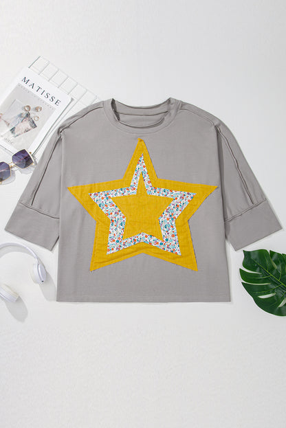 Floral Star Patched Pattern 3/4 Sleeve Plus Size Top | Medium Grey