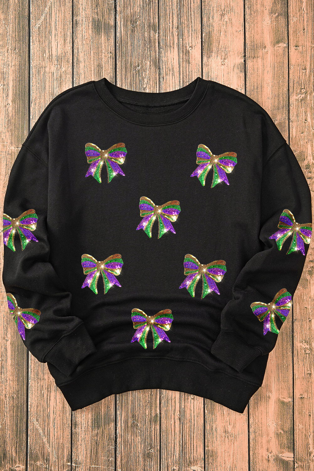 Sequin Mardi Gras Bow Graphic Drop Shoulder Pullover Sweatshirt | Black