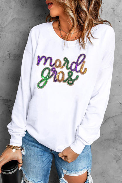 Sequined Mardi Gras Graphic Crew Neck Drop Shoulder Sweatshirt | White