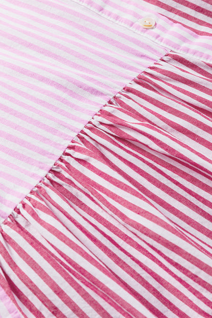 Striped Patchwork Ruffled Hem Button Up Shirt | Pink Stripe