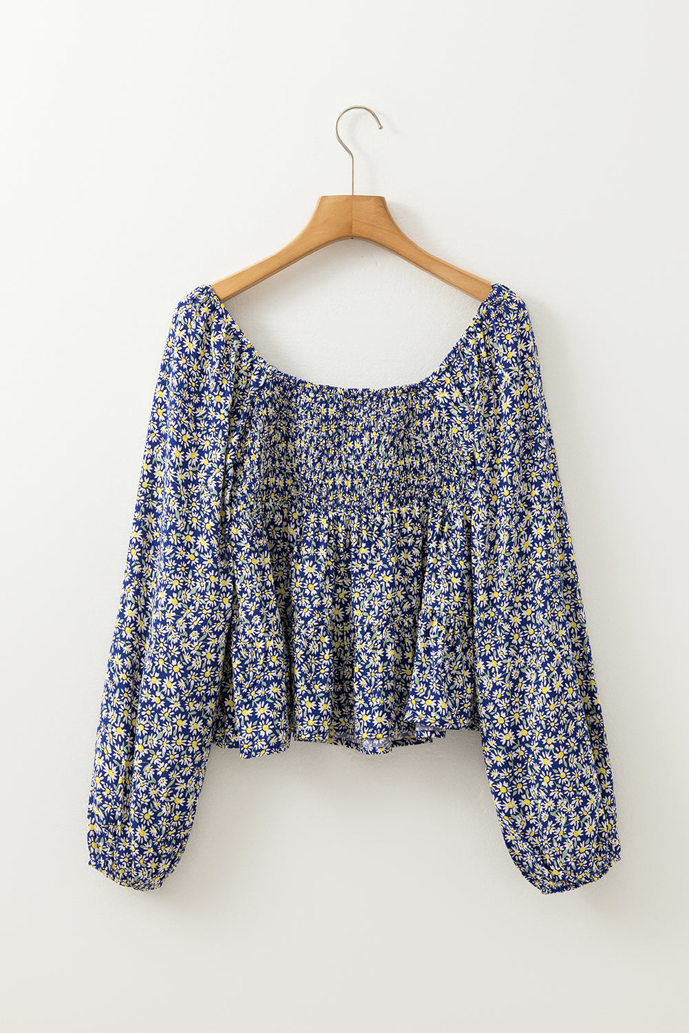 Boho Floral Print Smocked Square Neck Loose Fit Blouse | Blue