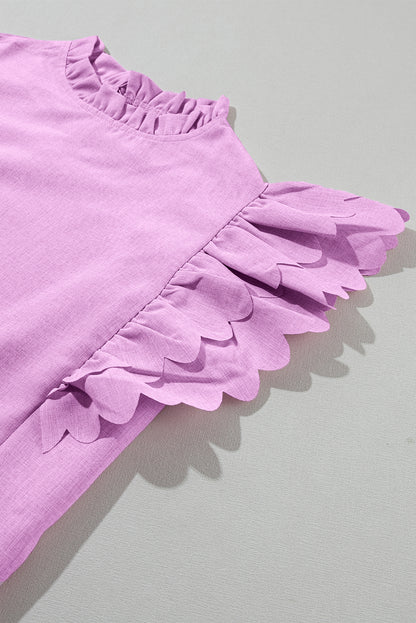 Solid Colour Scalloped Ruffle Sleeve Top | Bright Pink