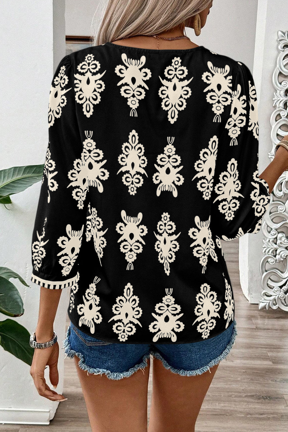 Vintage Geometric Printed 3/4 Sleeve V Neck Blouse | Black