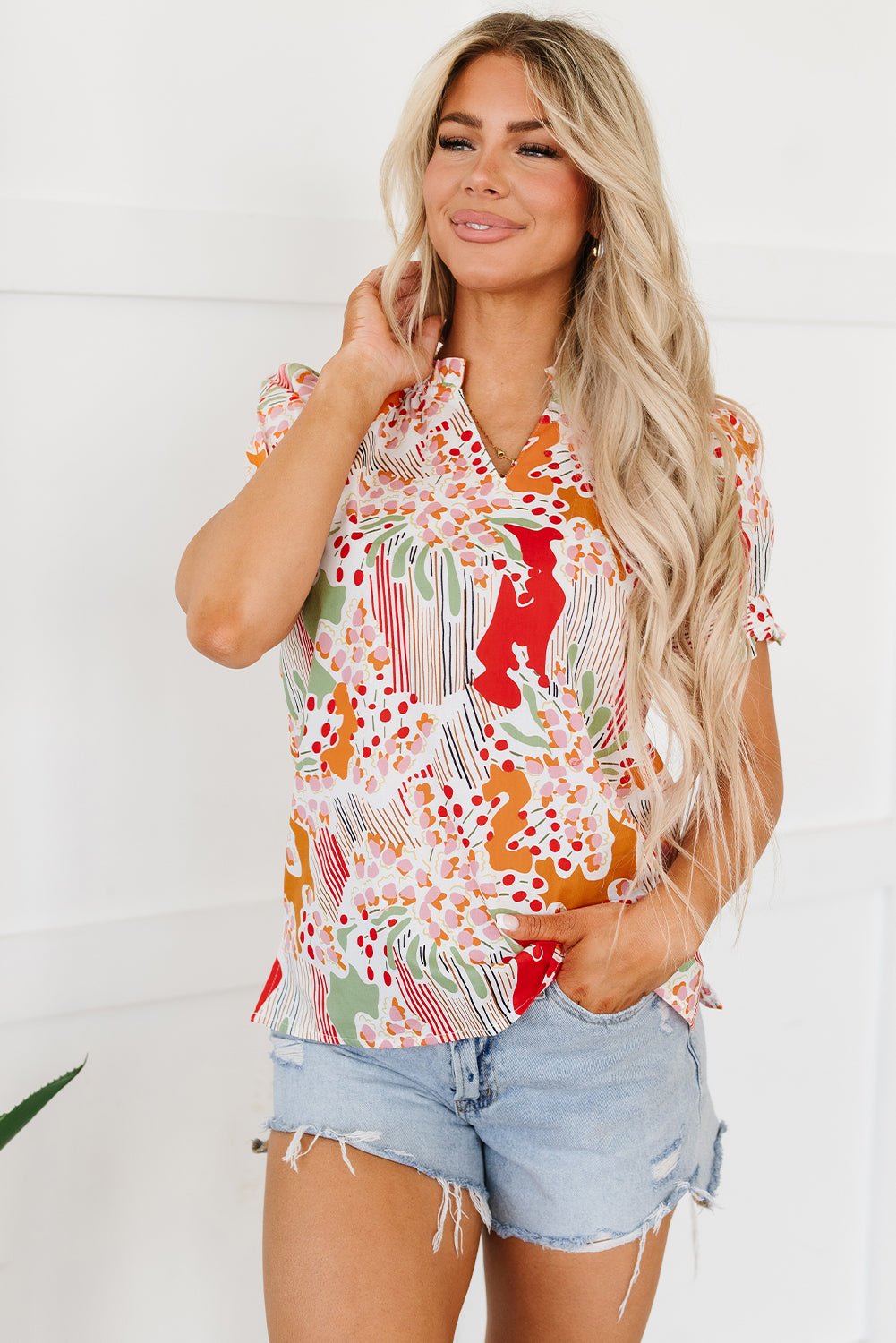 Floral Print Button Frilled Short Sleeve Blouse | Pink