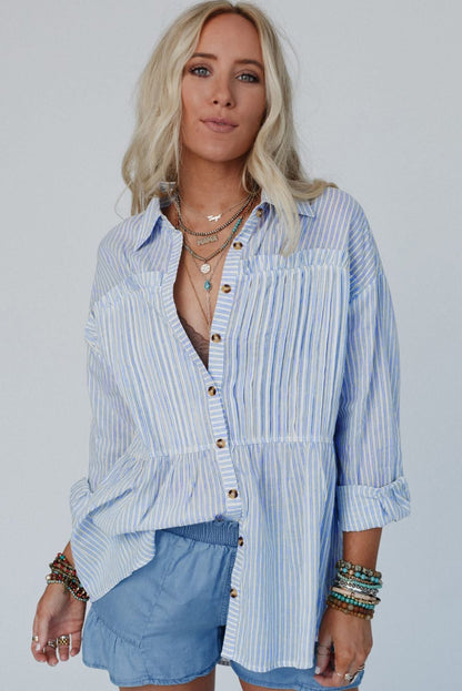 Ruffled Button Up Long Sleeve Shirt | Sky Blue Stripe