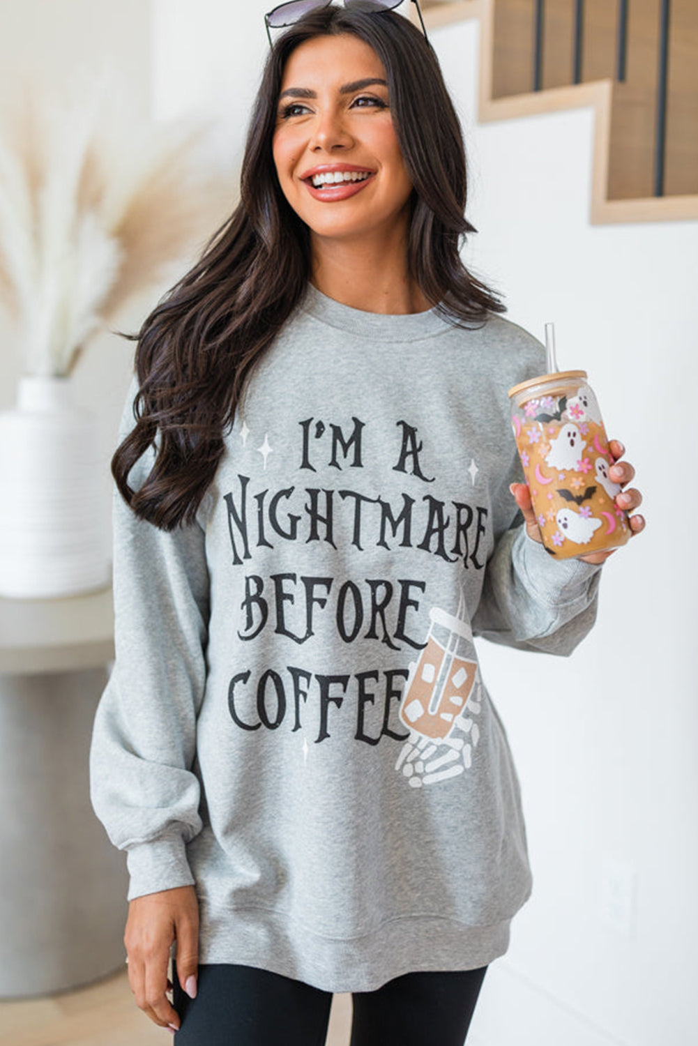 I'M A Nightmare Before Coffee Graphic Crewneck Sweatshirt | Gray