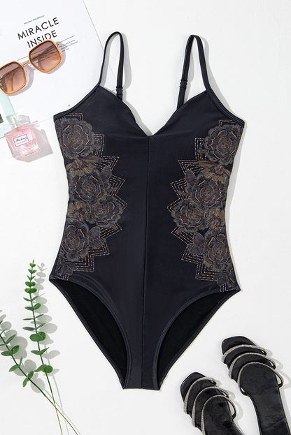 Petal Print Crisscross Back Spaghetti Straps Swimsuit | Black