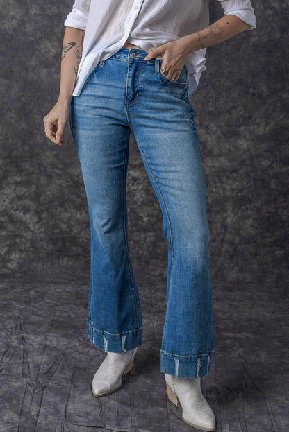 Slight Distressed Medium Wash Flare Jeans | Sky Blue