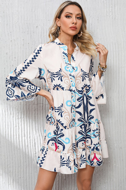 Tribal Bracelet Sleeve Buttoned Mini Dress | White Printed