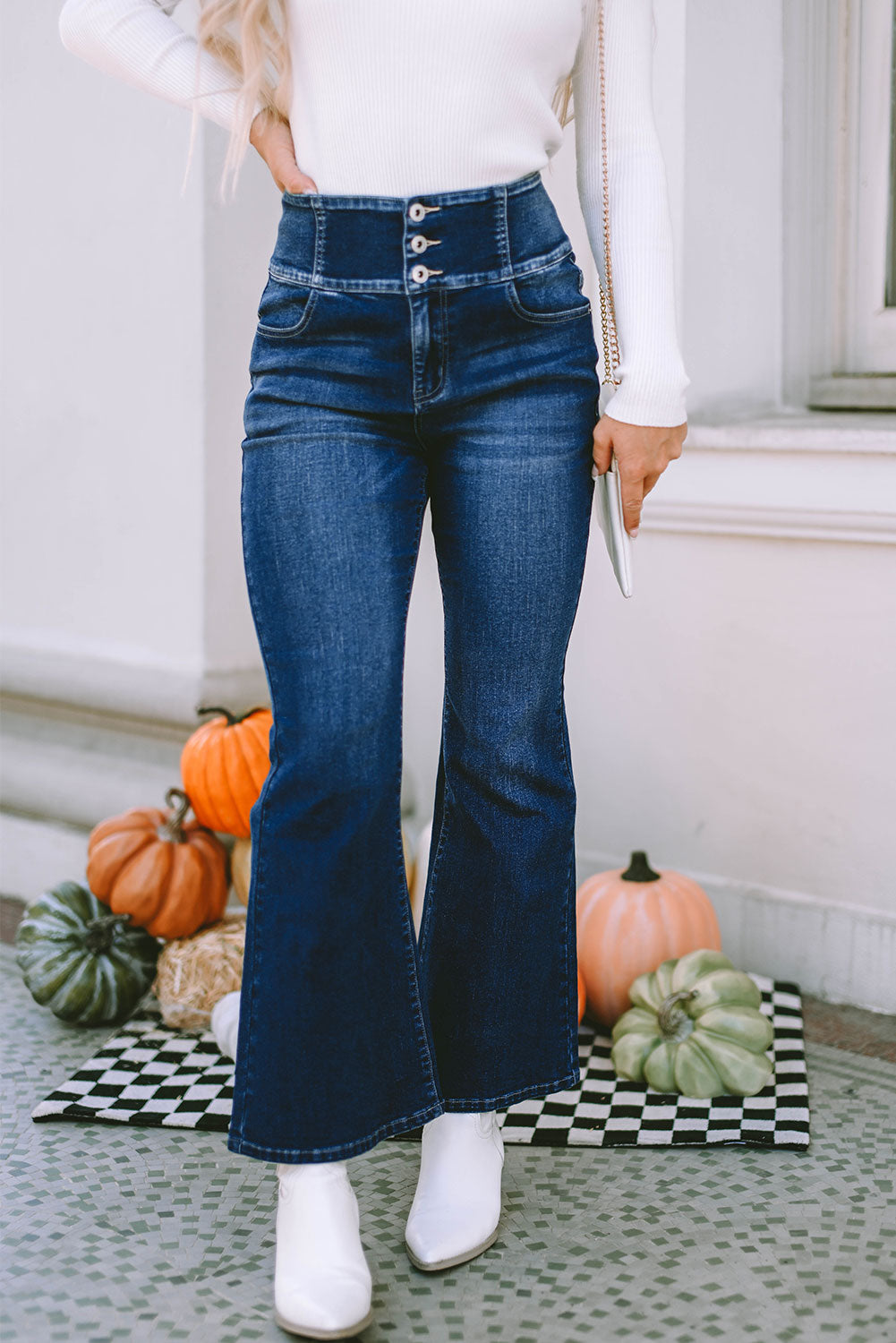 Buttons Elastic Wide Waistband Back Flare Jeans | Blue