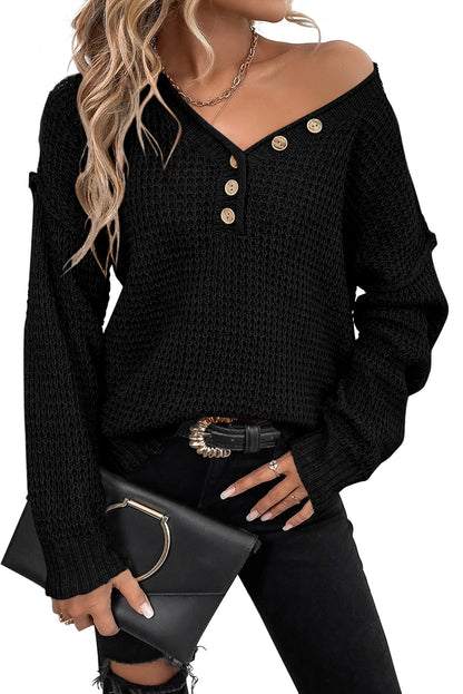 Pointelle Knit Button V Neck Drop Shoulder Sweater | Black