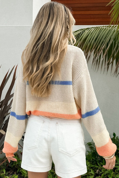 Colourblock Striped Drop Shoulder Cozy Sweater | Beige