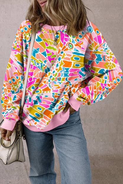 Abstract Printed Drop Shoulder Loose Sweatshirt | Pink