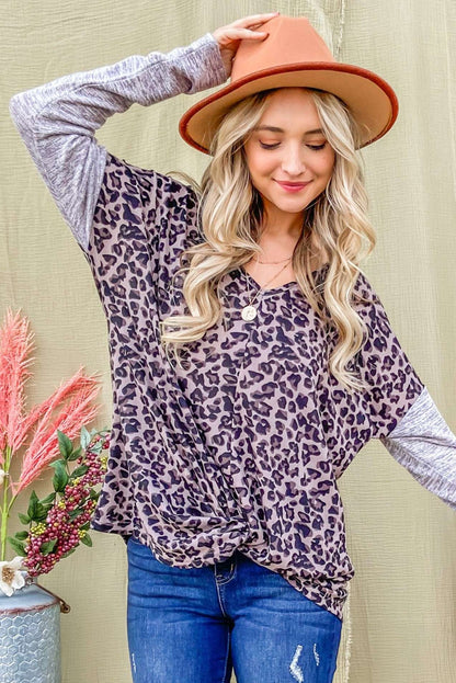 Print Drop Shoulder Patchwork Sleeve Top | Leopard