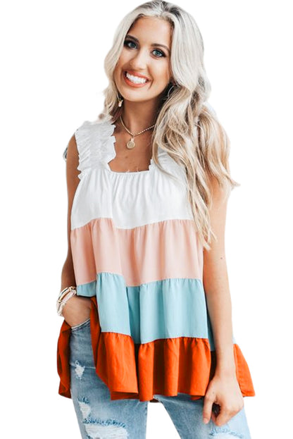 Frill Straps Colour Block Tiered Tank Top | White