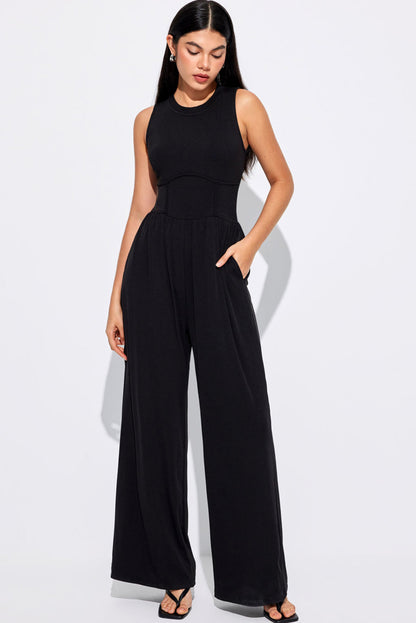 Cinched Waist Sleeveless Wide Leg Jumpsuit | Black