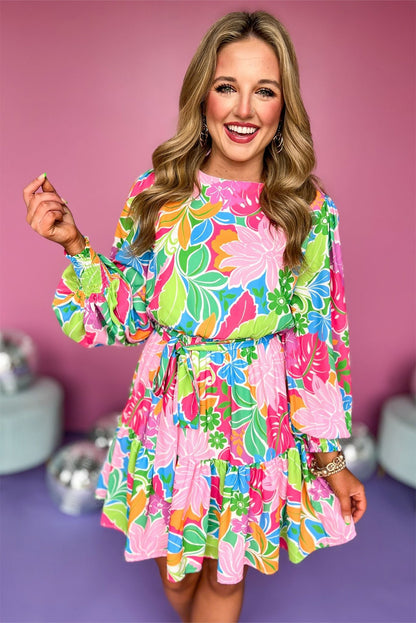 Multicolour Botanical Bubble Sleeve Mini Dress | Green