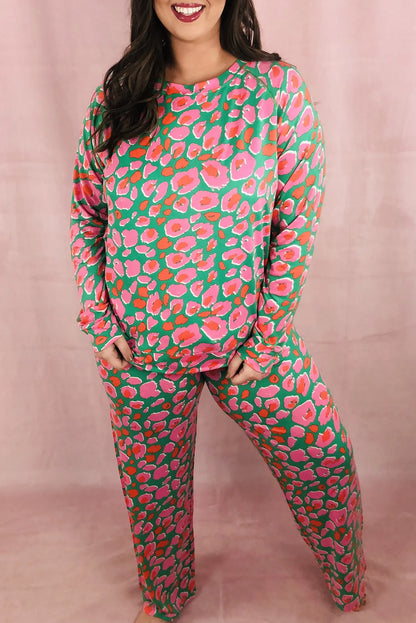 Plus Size Printed Long Sleeve And Pants Lounge Set | Green