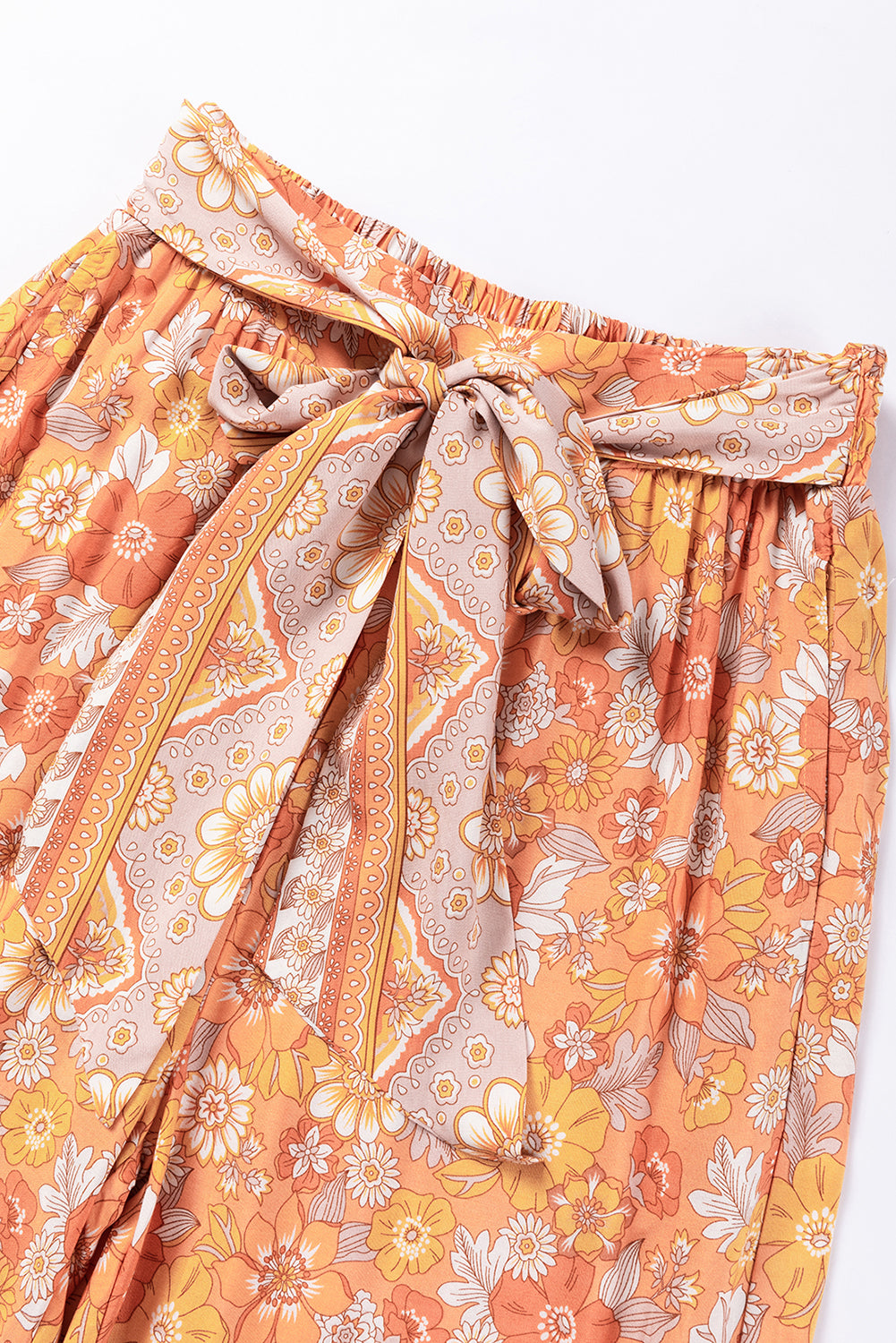 Tie Waist Boho Floral Wide Leg Pants | Grapefruit Orange