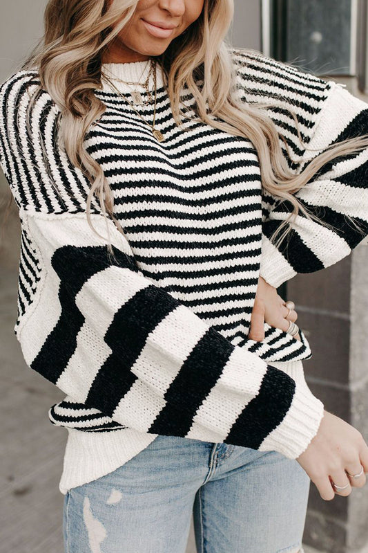 Black white Striped Drop Shoulder Bishop Sleeve Knit Sweater