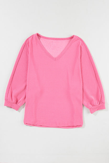 Striped Print Bracelet Sleeve V Neck Top | Strawberry Pink